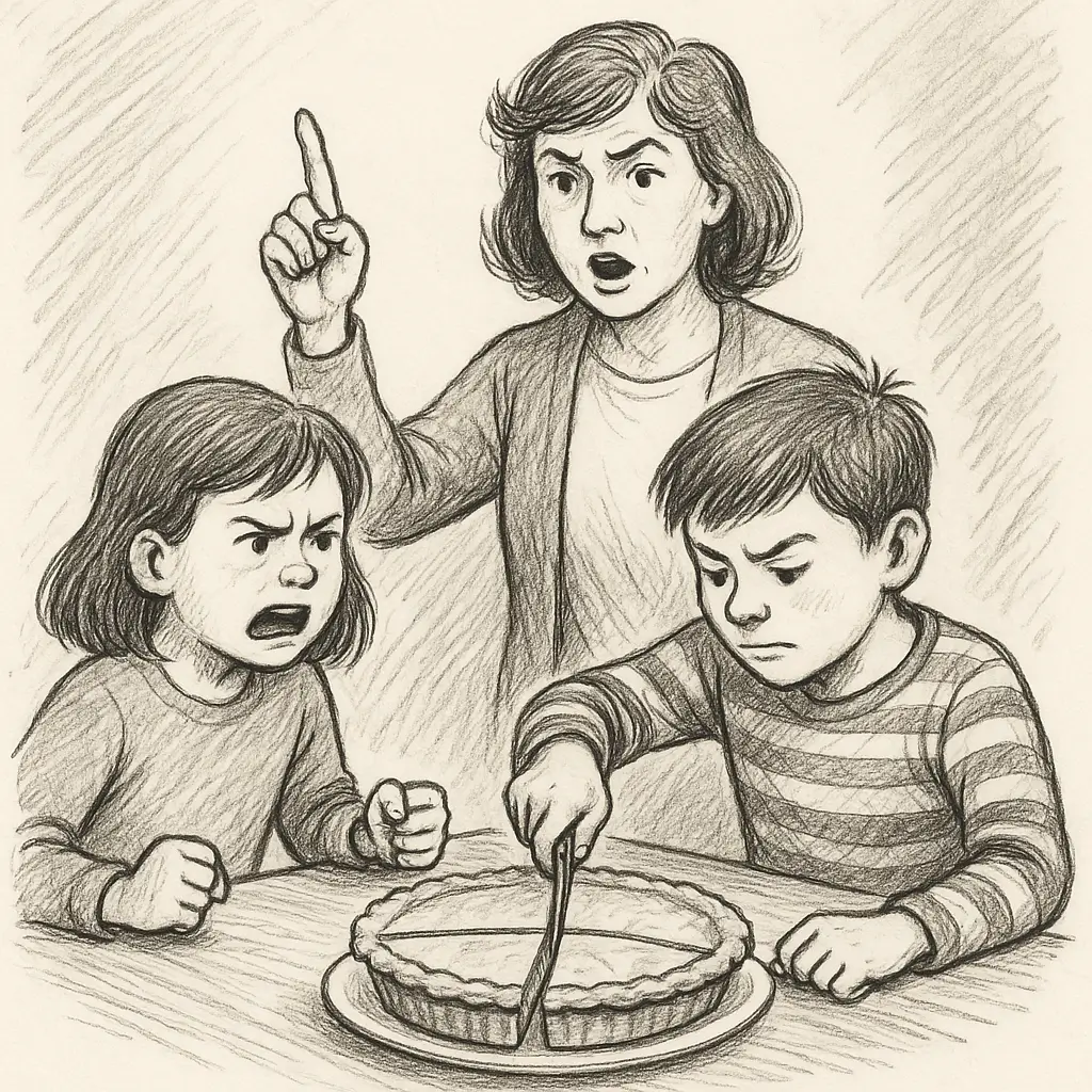 Black and white drawing of a mother intervening as her son and daughter argue over cutting a pie, with the boy holding a knife to slice it and the girl angrily protesting.
