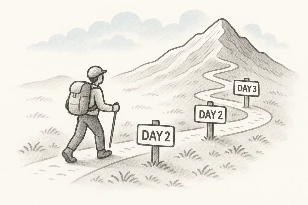 Hand-drawn illustration of a hiker walking a winding mountain path with milestone signs labeled Day 1, Day 2, Day 3, symbolizing steady and consistent progress toward success.