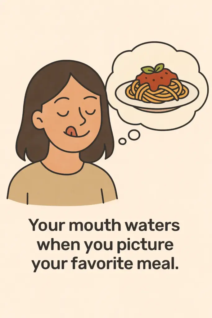 Illustration of a woman imagining a plate of spaghetti, with the caption “Your mouth waters when you picture your favorite meal.